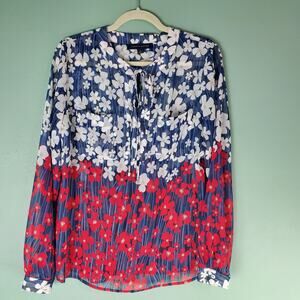 Tommy Hilfiger Womens Red Blue Semi-Sheer Floral Popover Blouse Size Medium